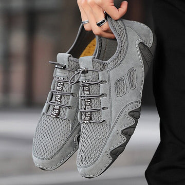 Men Round Toe Hand Stitching Breathable Mesh Leather Shoes